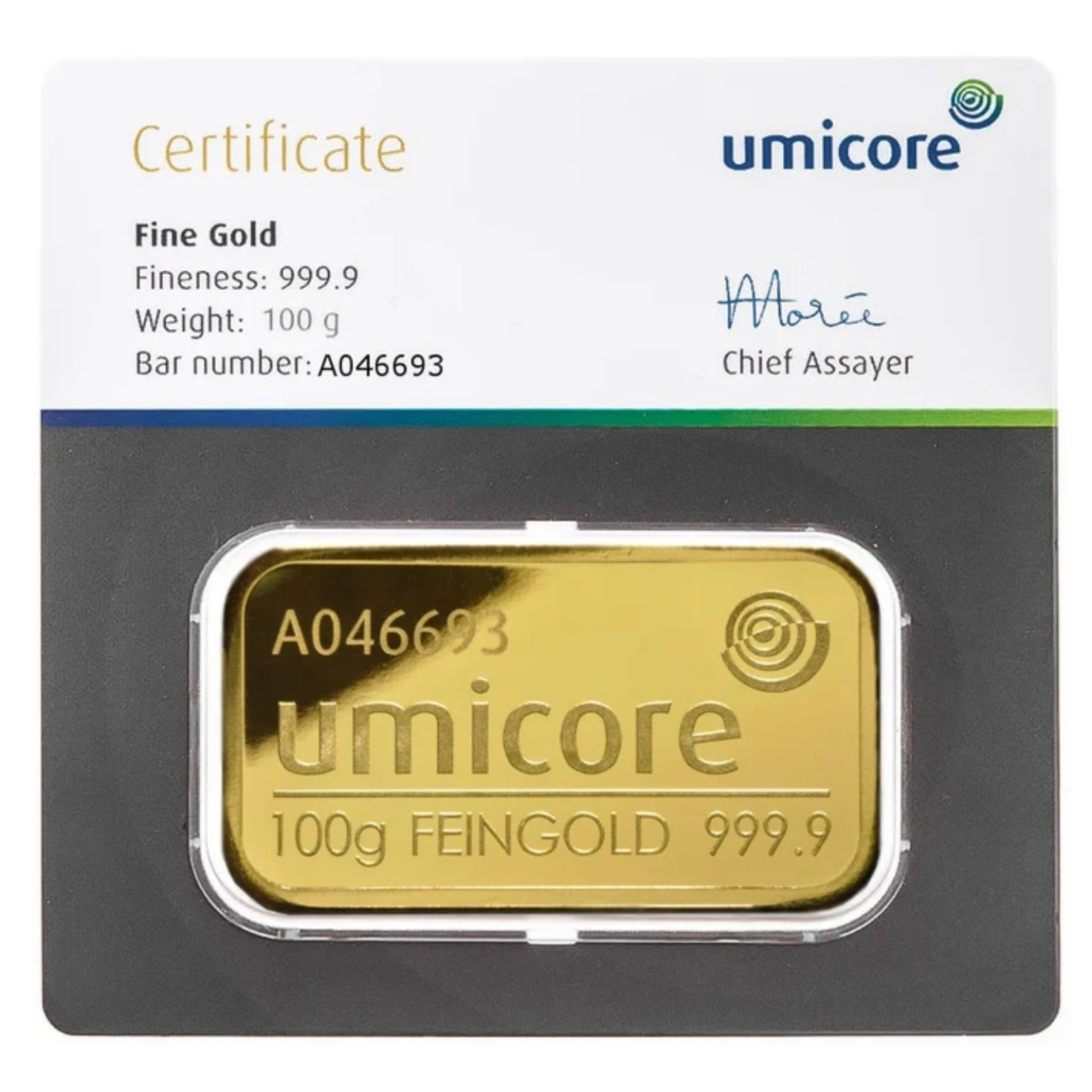 Umicore 100 Gram Fine Pure Gold Bullion Bar .999 For Gift or Investment