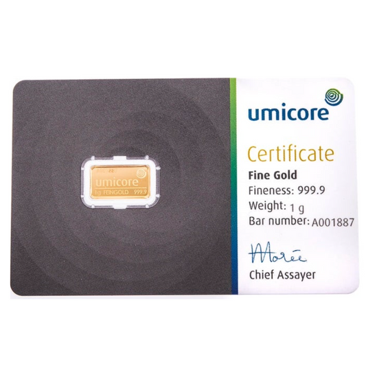 Umicore 1 Gram Fine Pure Gold Bullion Bar .999 For Gift or Investment