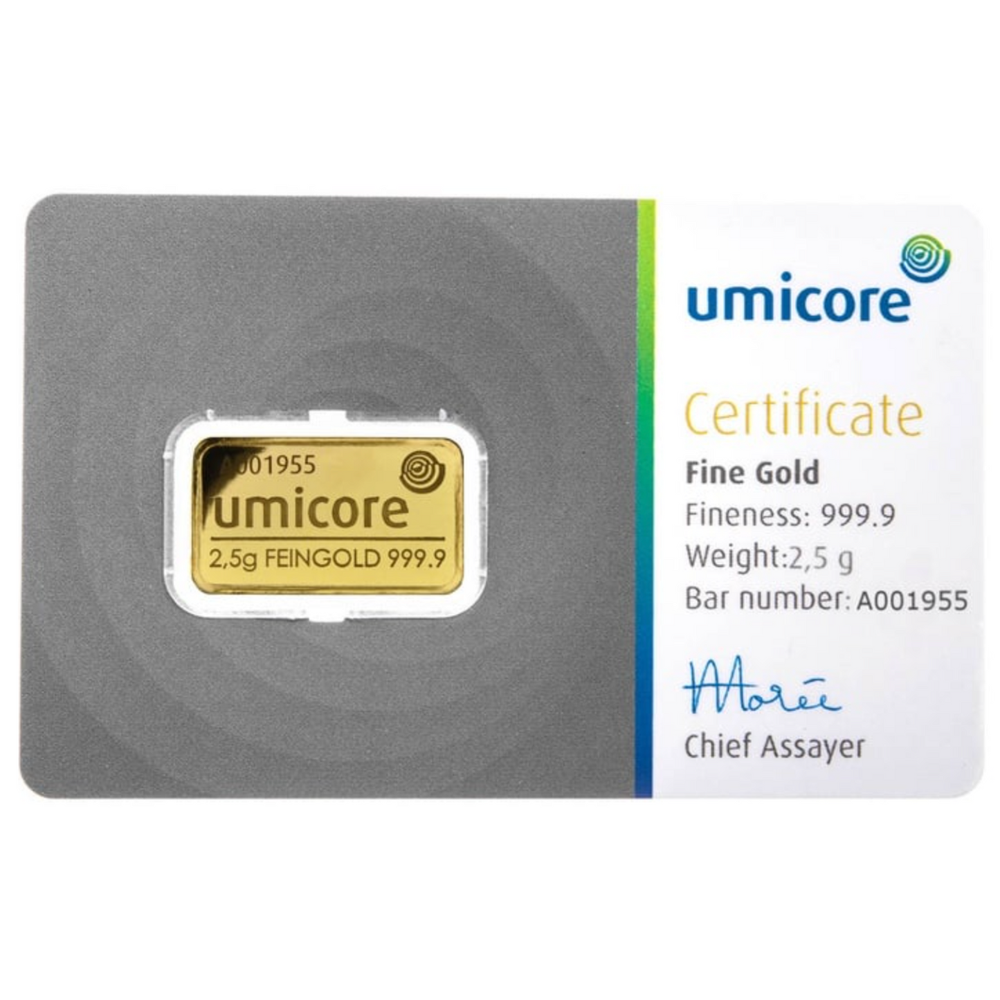 Umicore 2.5 Gram Fine Pure Gold Bullion Bar .999 For Gift or Investment