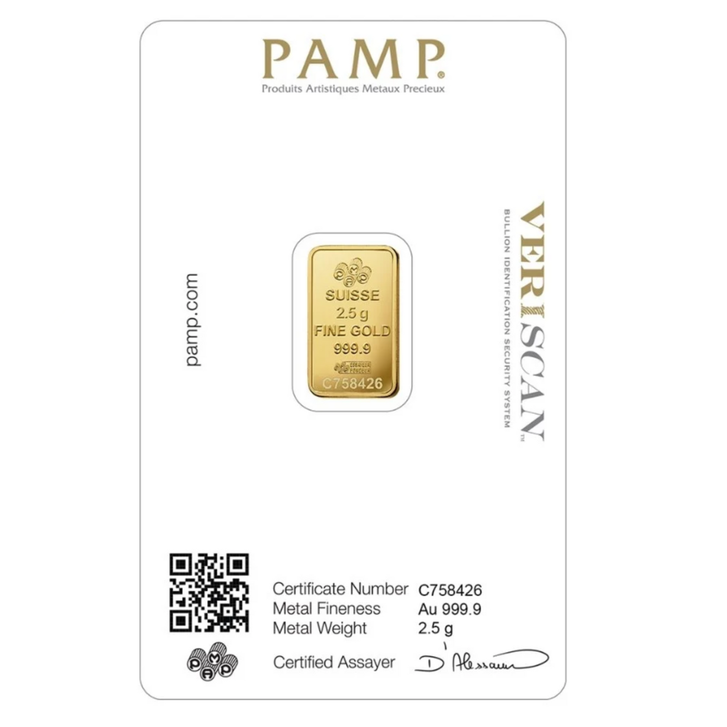 PAMP Lady Fortuna 2.5 Gram Fine Pure Gold Bullion Bar .999 Fine Gold For Gift / Investment