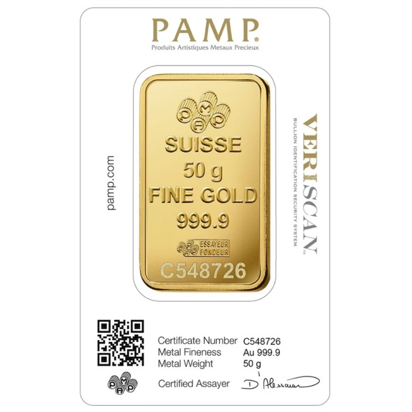 PAMP Lady Fortuna 50 Gram Fine Pure Gold Bullion Bar .999 Fine Gold For Gift / Investment
