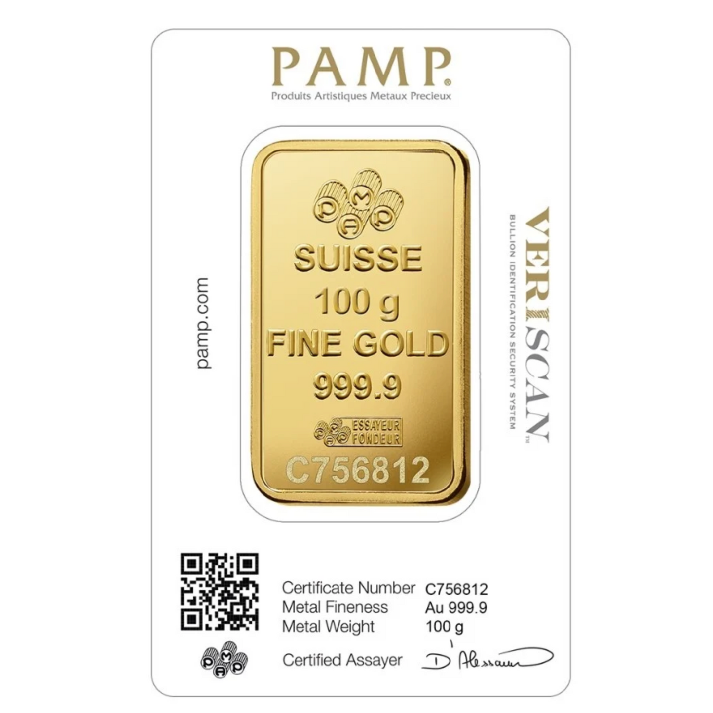 PAMP Lady Fortuna 100 Gram Fine Pure Gold Bullion Bar .999 Fine Gold For Gift / Investment