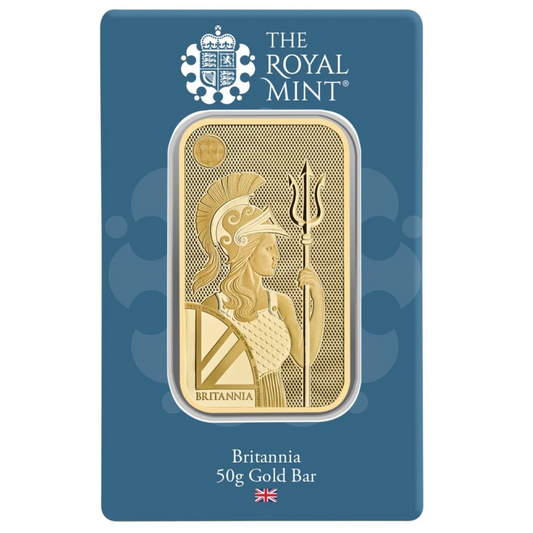 Britannia Minted 50 Gram Fine Pure Gold Bullion Bar .999 For Gift or Investment
