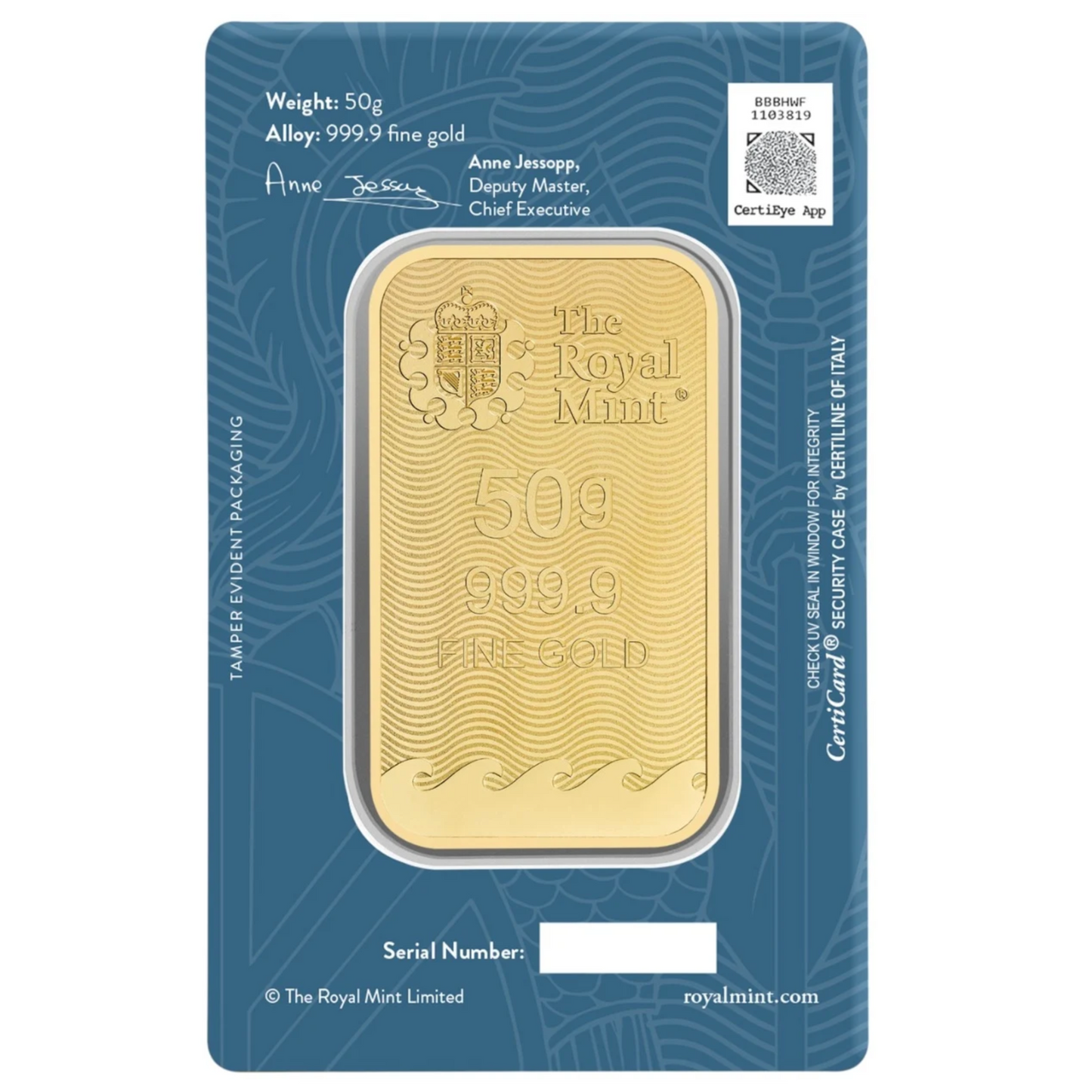 Britannia Minted 50 Gram Fine Pure Gold Bullion Bar .999 For Gift or Investment