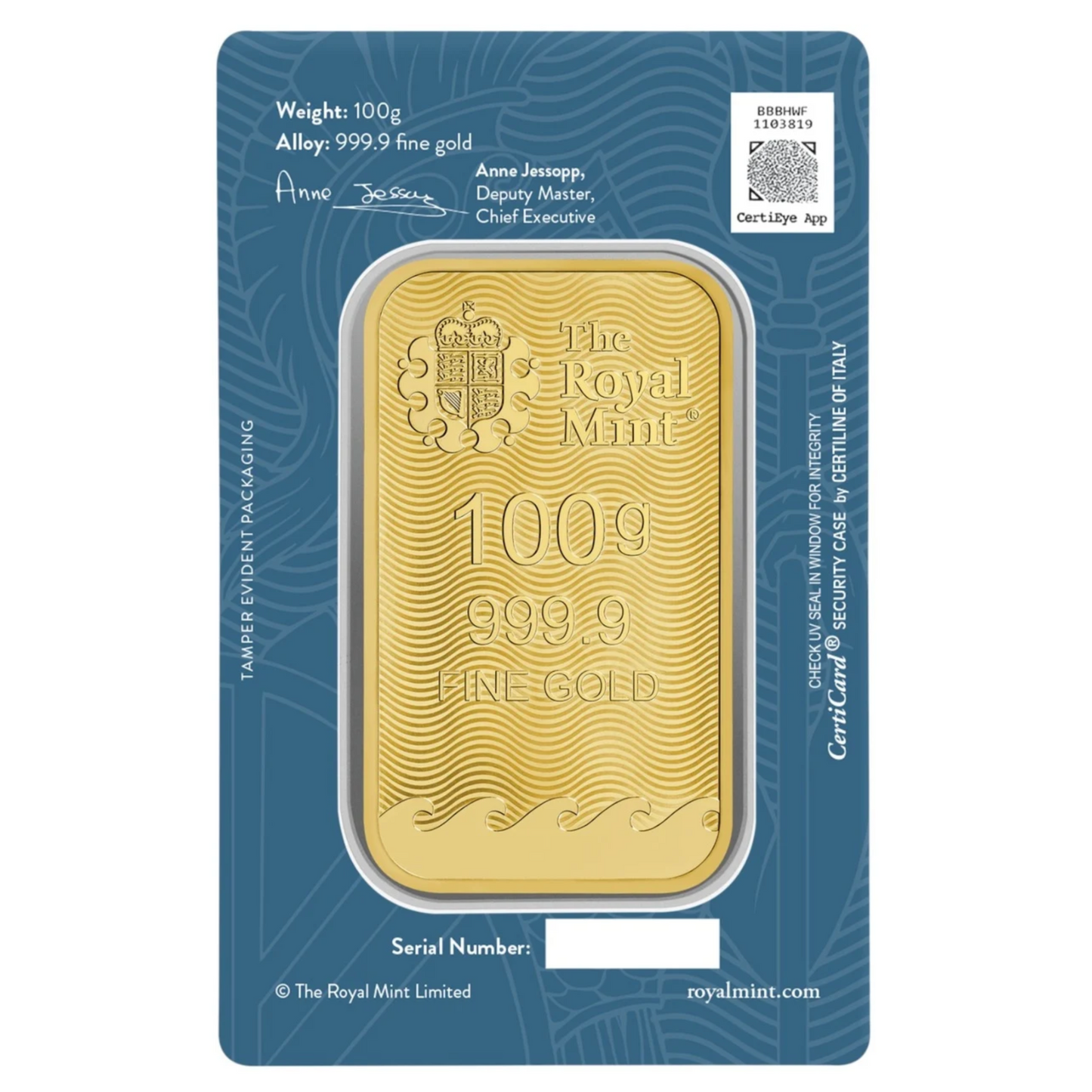 Britannia Minted 100 Gram Fine Pure Gold Bullion Bar .999 For Gift or Investment