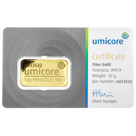 Umicore 10 Gram Fine Pure Gold Bullion Bar .999 For Gift or Investment