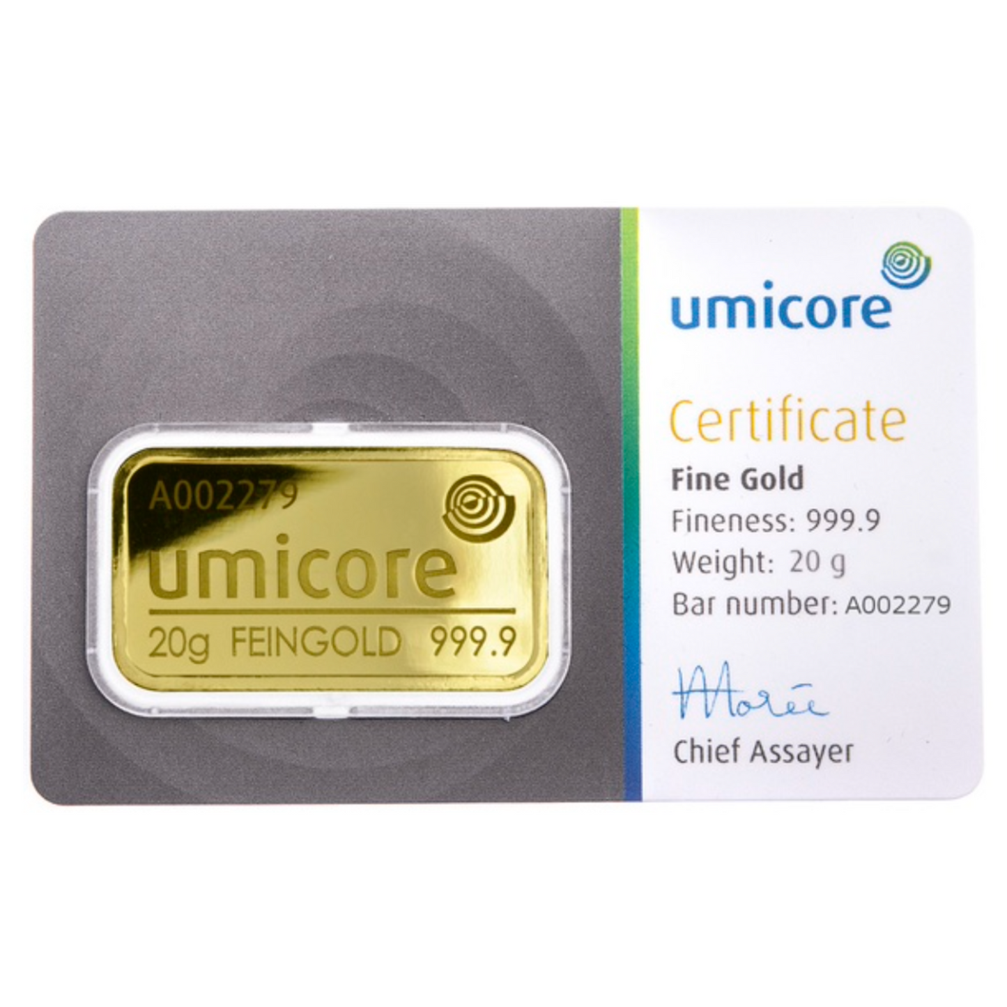 Umicore 20 Gram Fine Pure Gold Bullion Bar .999 For Gift or Investment