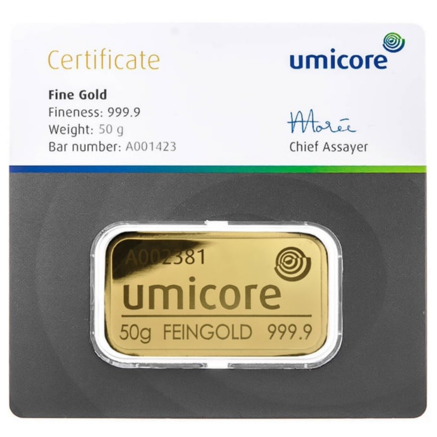 Umicore 50 Gram Fine Pure Gold Bullion Bar .999 For Gift or Investment
